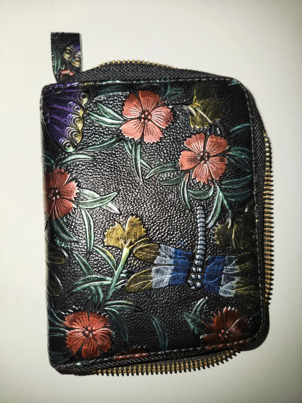 Black Floral Embossed Zip Wallet - Women's Floral Leather Card Holder